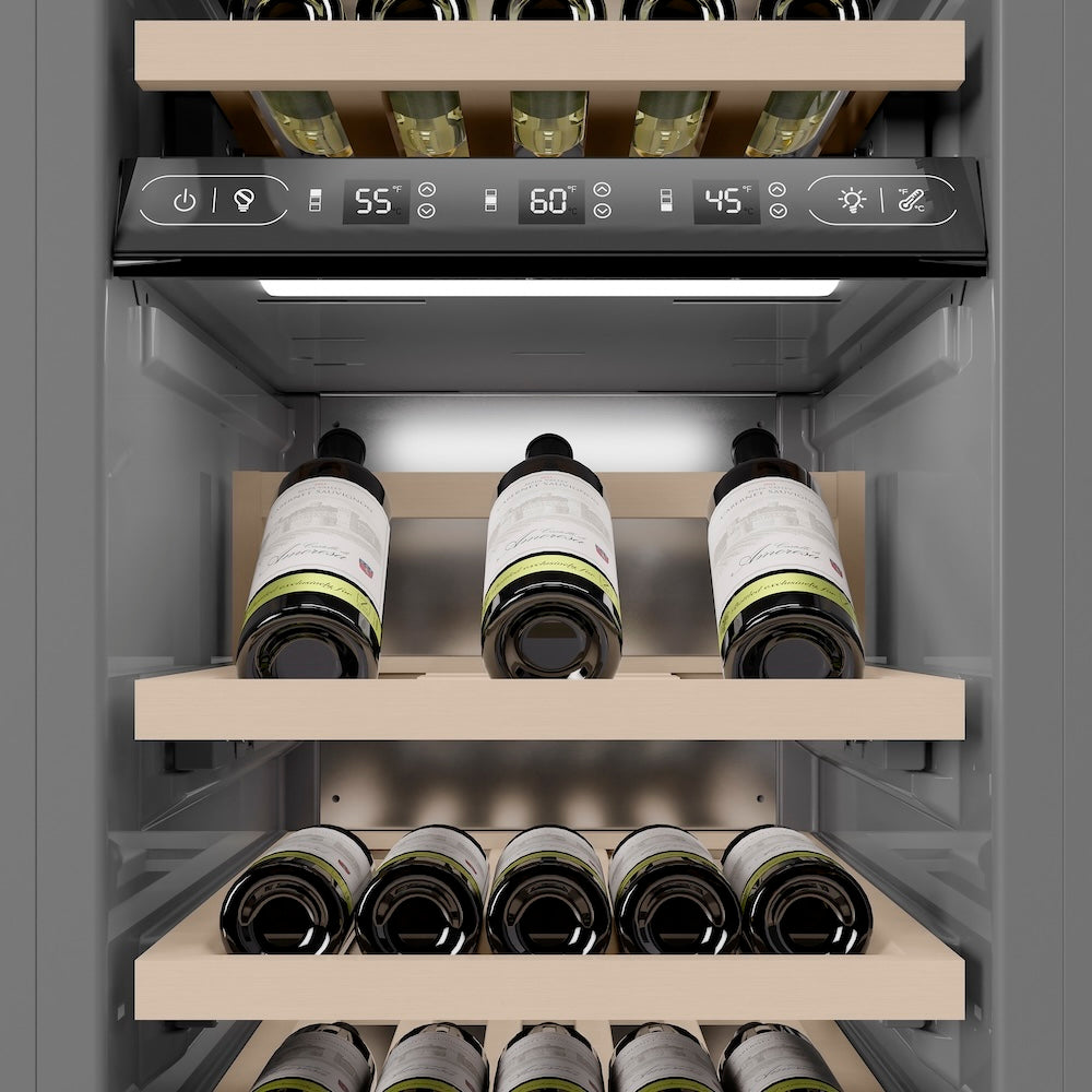 ZLINE Autograph Edition 18 in. 9.0 cu. ft. Triple Zone 68 Bottle Left Hinge Column Wine Cooler in White Matte with Polished Gold Accents (RCWVLZ-WM-18-G) internal storage racks and controls.