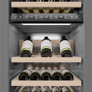 ZLINE Autograph Edition 18 in. 9.0 cu. ft. Triple Zone 68 Bottle Left Hinge Column Wine Cooler in White Matte with Polished Gold Accents (RCWVLZ-WM-18-G) internal storage racks and controls.