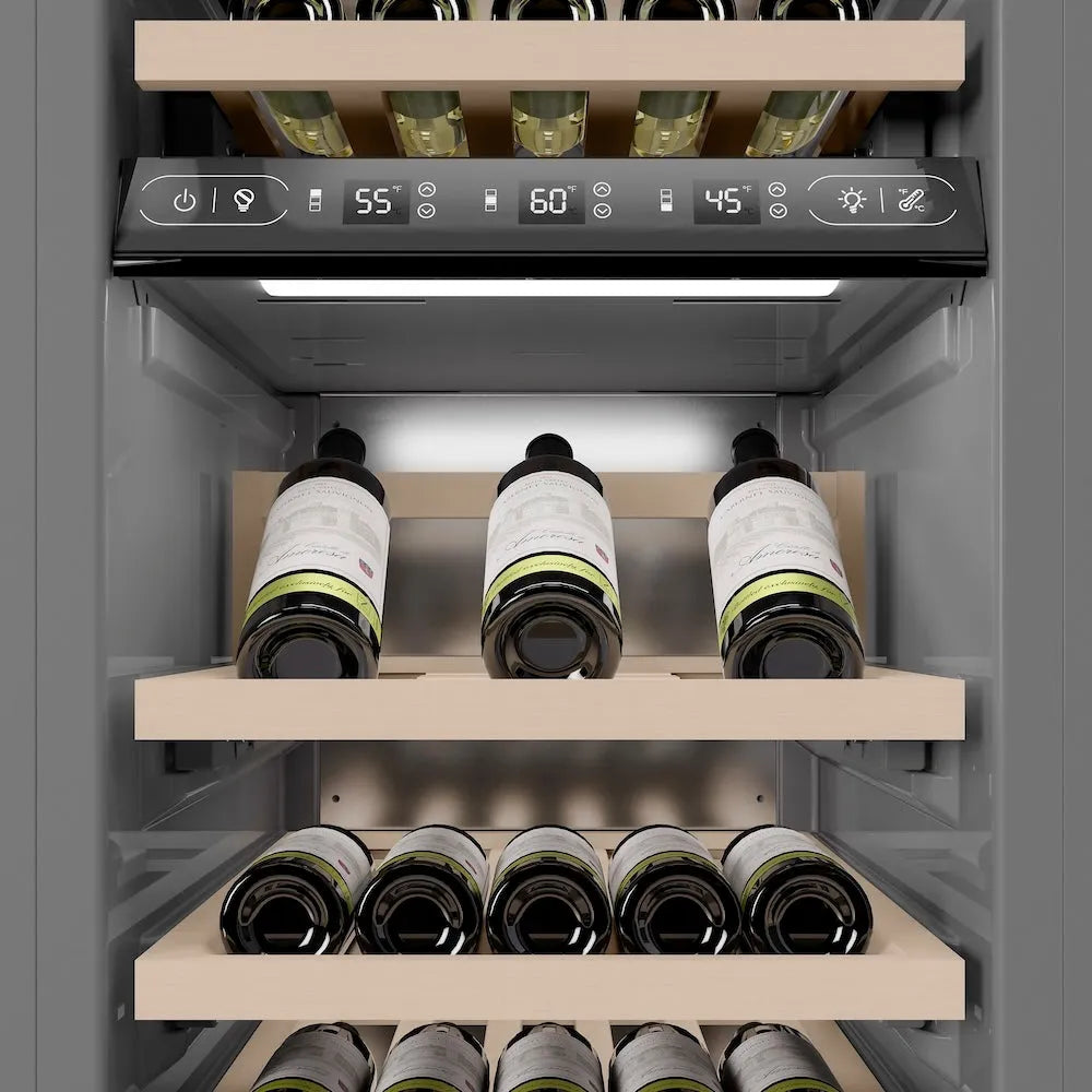ZLINE Autograph Edition 18 in. 9.0 cu. ft. Triple Zone 68 Bottle Left Hinge Column Wine Cooler in White Matte with Polished Gold Accents (RCWVLZ-WM-18-G) internal storage racks and controls.