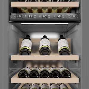 ZLINE Autograph Edition 18 in. 9.0 cu. ft. Triple Zone 68 Bottle Left Hinge Column Wine Cooler in White Matte with Polished Gold Accents (RCWVLZ-WM-18-G) internal storage racks and controls.
