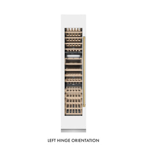 ZLINE Autograph Edition 18 in. 9.0 cu. ft. Triple Zone 68 Bottle Left Hinge Column Wine Cooler in White Matte with Polished Gold Accents (RCWVLZ-WM-18-G) front, closed.