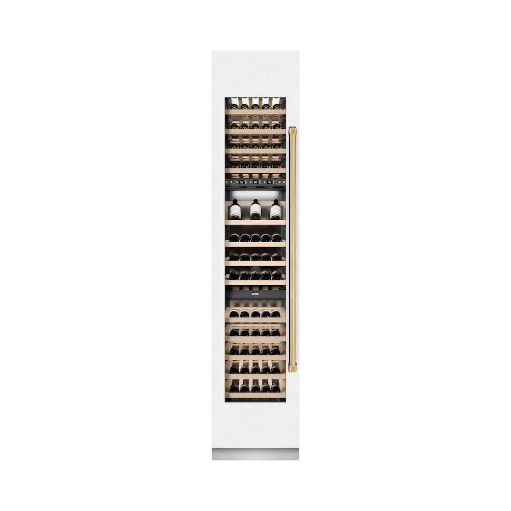 ZLINE Autograph Edition 18 in. 9.0 cu. ft. Triple Zone 68 Bottle Left Hinge Column Wine Cooler in White Matte with Polished Gold Accents (RCWVLZ-WM-18-G) front, closed.
