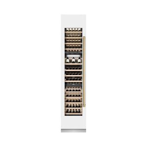 ZLINE Autograph Edition 18 in. 9.0 cu. ft. Triple Zone 68 Bottle Left Hinge Column Wine Cooler in White Matte with Polished Gold Accents (RCWVLZ-WM-18-G) front, closed.