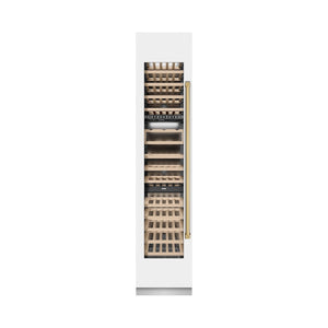 ZLINE Autograph Edition 18 in. 9.0 cu. ft. Triple Zone 68 Bottle Left Hinge Column Wine Cooler in White Matte with Polished Gold Accents (RCWVLZ-WM-18-G) front, closed.