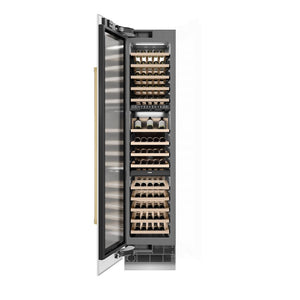 ZLINE Autograph Edition 18 in. 9.0 cu. ft. Triple Zone 68 Bottle Left Hinge Column Wine Cooler in White Matte with Polished Gold Accents (RCWVLZ-WM-18-G) front, open.
