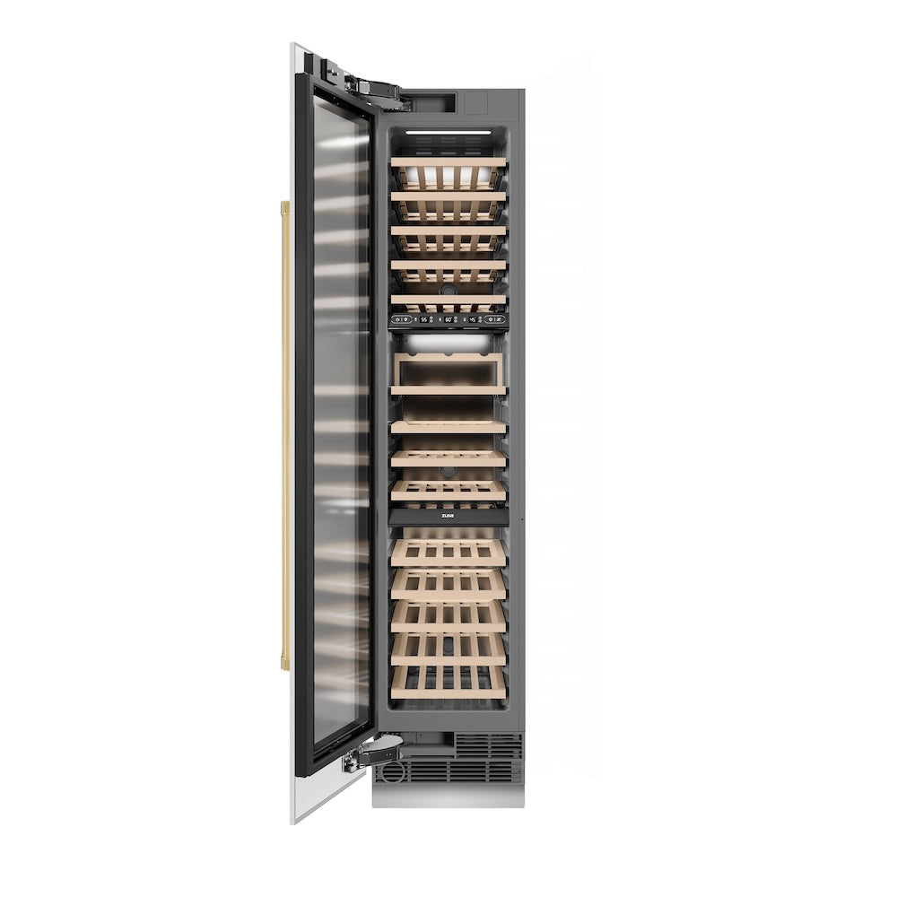 ZLINE Autograph Edition 18 in. 9.0 cu. ft. Triple Zone 68 Bottle Left Hinge Column Wine Cooler in White Matte with Polished Gold Accents (RCWVLZ-WM-18-G) front, open.