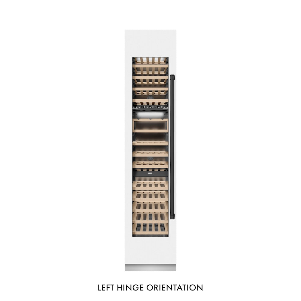 ZLINE Autograph Edition 18 in. 9.0 cu. ft. Triple Zone 68 Bottle Left Hinge Column Wine Cooler in White Matte with Matte Black Accents (RCWVLZ-WM-18-MB) front, closed.