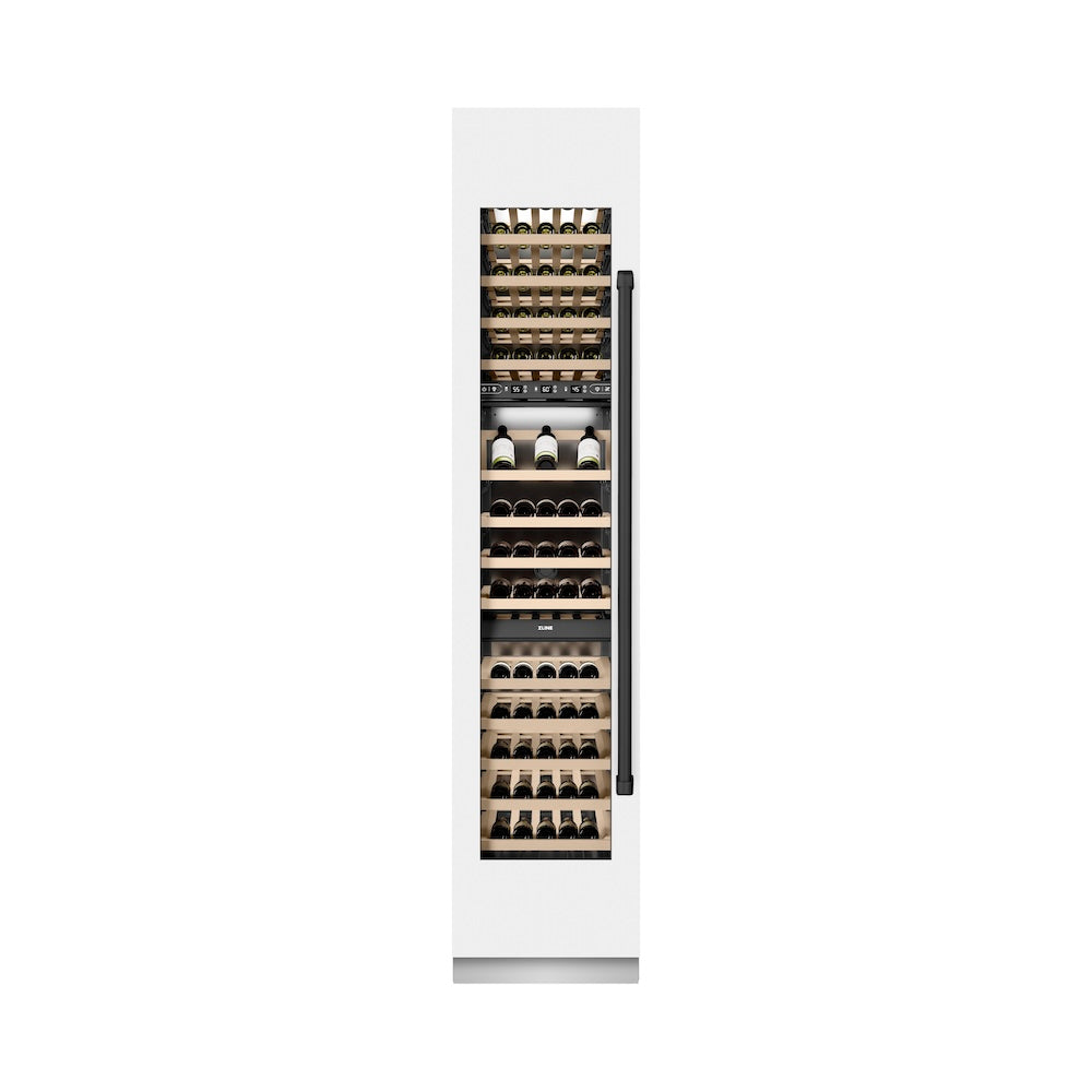 ZLINE Autograph Edition 18 in. 9.0 cu. ft. Triple Zone 68 Bottle Left Hinge Column Wine Cooler in White Matte with Matte Black Accents (RCWVLZ-WM-18-MB) front, closed.
