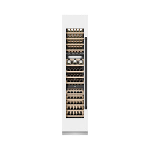ZLINE Autograph Edition 18 in. 9.0 cu. ft. Triple Zone 68 Bottle Left Hinge Column Wine Cooler in White Matte with Matte Black Accents (RCWVLZ-WM-18-MB) front, closed.