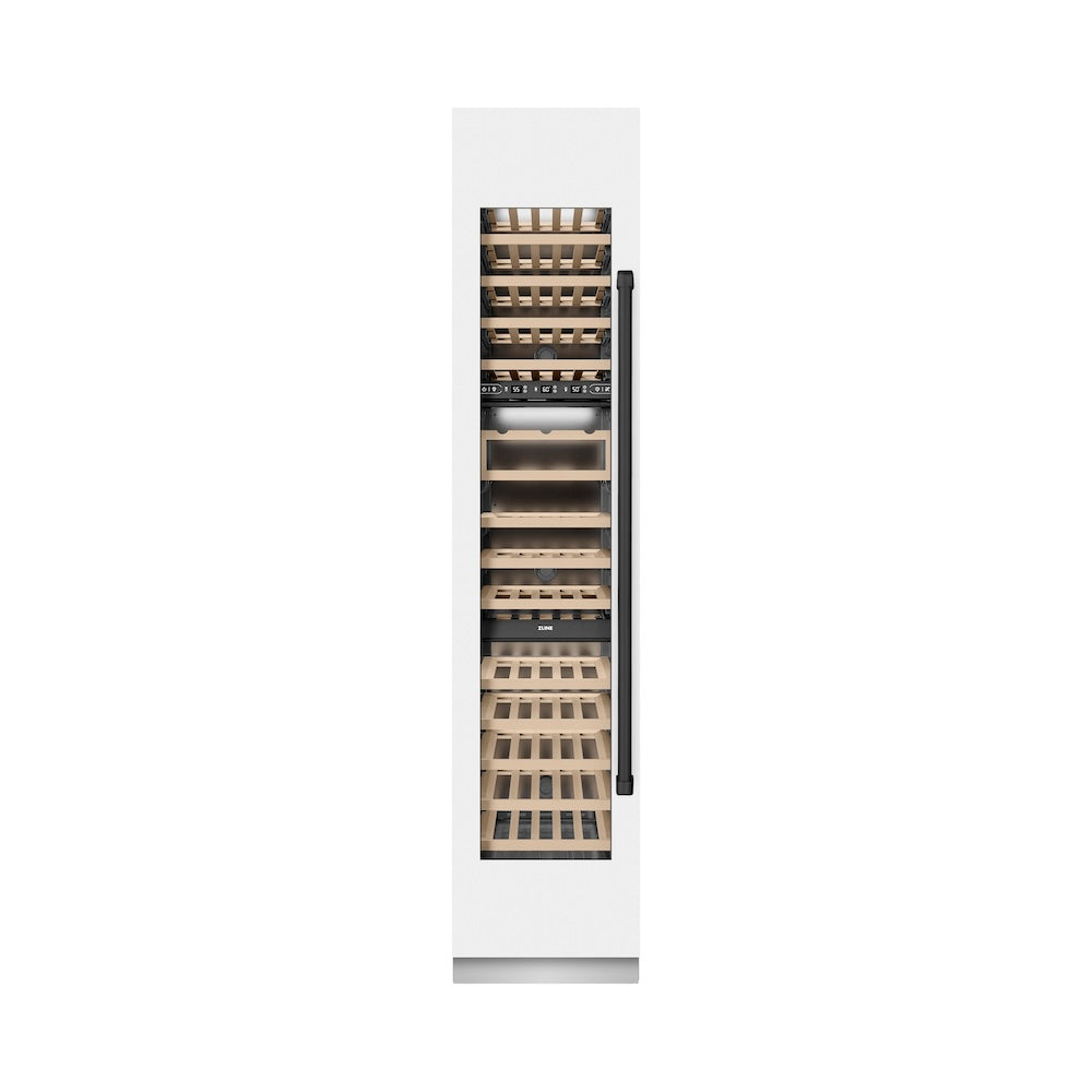 ZLINE Autograph Edition 18 in. 9.0 cu. ft. Triple Zone 68 Bottle Left Hinge Column Wine Cooler in White Matte with Matte Black Accents (RCWVLZ-WM-18-MB) front, closed.