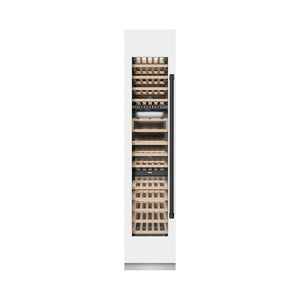 ZLINE Autograph Edition 18 in. 9.0 cu. ft. Triple Zone 68 Bottle Left Hinge Column Wine Cooler in White Matte with Matte Black Accents (RCWVLZ-WM-18-MB) front, closed.