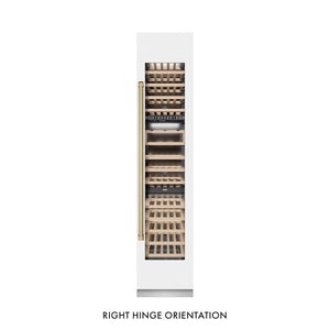 ZLINE Autograph Edition 18 in. 9.0 cu. ft. Triple Zone 68 Bottle Right Hinge Column Wine Cooler in White Matte with Champagne Bronze Accents (RCWVRZ-WM-18-CB) front, closed.