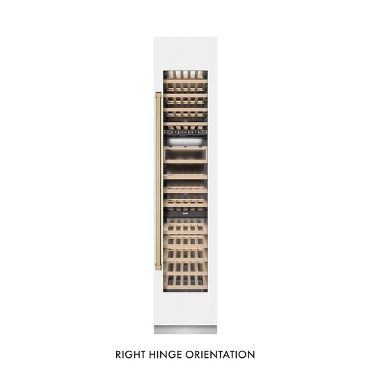 ZLINE Autograph Edition 18 in. 9.0 cu. ft. Triple Zone 68 Bottle Right Hinge Column Wine Cooler in White Matte with Champagne Bronze Accents (RCWVRZ-WM-18-CB) front, closed.