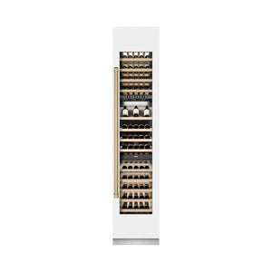 ZLINE Autograph Edition 18 in. 9.0 cu. ft. Triple Zone 68 Bottle Right Hinge Column Wine Cooler in White Matte with Champagne Bronze Accents (RCWVRZ-WM-18-CB) front, closed.