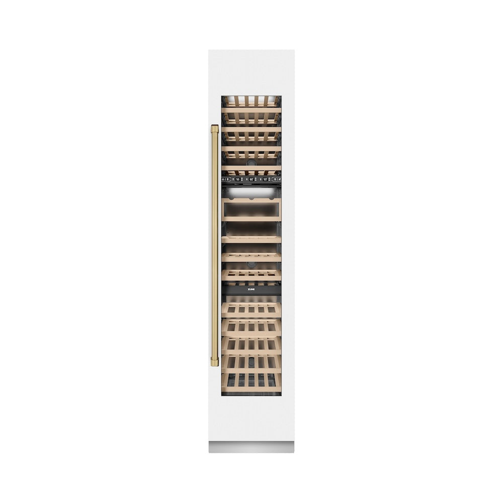 ZLINE Autograph Edition 18 in. 9.0 cu. ft. Triple Zone 68 Bottle Right Hinge Column Wine Cooler in White Matte with Champagne Bronze Accents (RCWVRZ-WM-18-CB) front, closed.