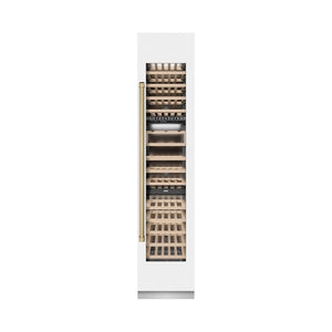 ZLINE Autograph Edition 18 in. 9.0 cu. ft. Triple Zone 68 Bottle Right Hinge Column Wine Cooler in White Matte with Champagne Bronze Accents (RCWVRZ-WM-18-CB) front, closed.