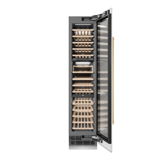 ZLINE Autograph Edition 18 in. 9.0 cu. ft. Triple Zone 68 Bottle Right Hinge Column Wine Cooler in White Matte with Champagne Bronze Accents (RCWVRZ-WM-18-CB) front, open.