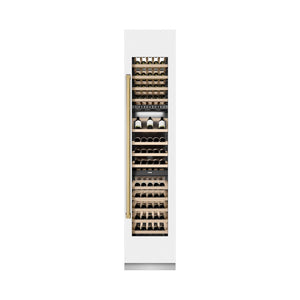 ZLINE Autograph Edition 18 in. 9.0 cu. ft. Triple Zone 68 Bottle Right Hinge Column Wine Cooler in White Matte with Polished Gold Accents (RCWVRZ-WM-18-G) front, closed.