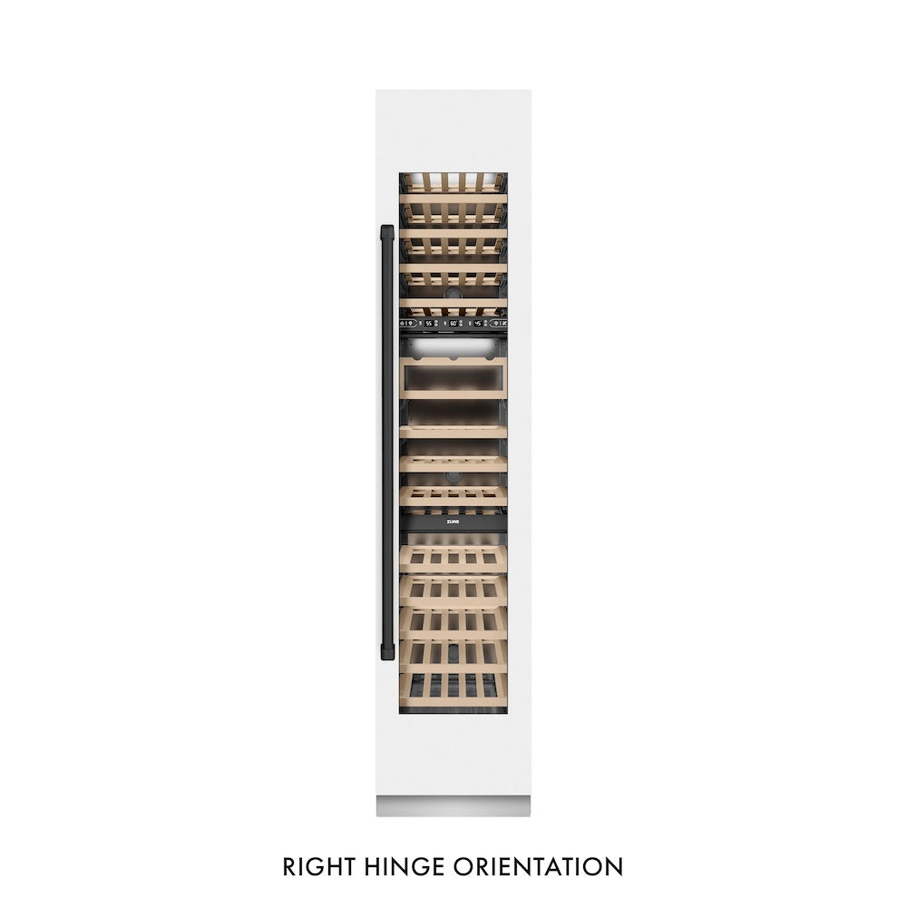 ZLINE Autograph Edition 18 in. 9.0 cu. ft. Triple Zone 68 Bottle Right Hinge Column Wine Cooler in White Matte with Matte Black Accents (RCWVRZ-WM-18-MB) front, closed.