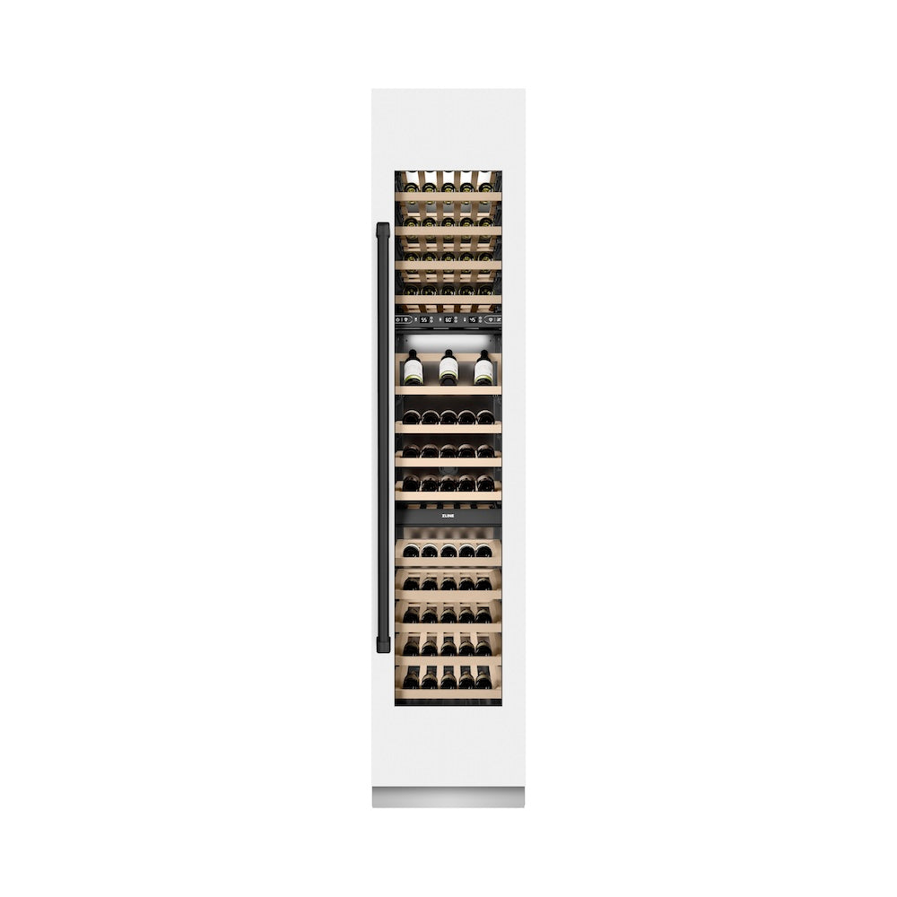 ZLINE Autograph Edition 18 in. 9.0 cu. ft. Triple Zone 68 Bottle Right Hinge Column Wine Cooler in White Matte with Matte Black Accents (RCWVRZ-WM-18-MB) front, closed.
