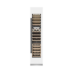 ZLINE Autograph Edition 18 in. 9.0 cu. ft. Triple Zone 68 Bottle Right Hinge Column Wine Cooler in White Matte with Matte Black Accents (RCWVRZ-WM-18-MB) front, closed.