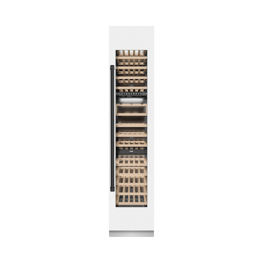 ZLINE Autograph Edition 18 in. 9.0 cu. ft. Triple Zone 68 Bottle Right Hinge Column Wine Cooler in White Matte with Matte Black Accents (RCWVRZ-WM-18-MB) front, closed.
