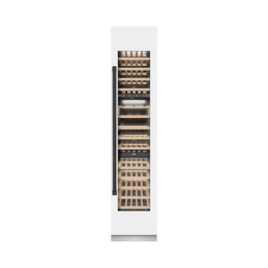 ZLINE Autograph Edition 18 in. 9.0 cu. ft. Triple Zone 68 Bottle Right Hinge Column Wine Cooler in White Matte with Matte Black Accents (RCWVRZ-WM-18-MB) front, closed.