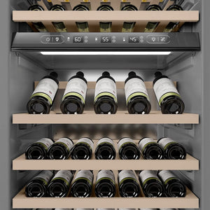 ZLINE Autograph Edition 24 in. 12.4 cu. ft. Triple Zone 100 Bottle Column Wine Cooler in White Matte and Champagne Bronze Accents (RCWVZ-WM-24-CB) internal storage racks and controls.