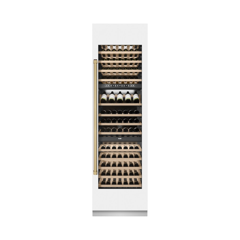 ZLINE Autograph Edition 24 in. 12.4 cu. ft. Triple Zone 100 Bottle Column Wine Cooler in White Matte and Champagne Bronze Accents (RCWVZ-WM-24-CB) front, closed.