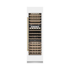 ZLINE Autograph Edition 24 in. 12.4 cu. ft. Triple Zone 100 Bottle Column Wine Cooler in White Matte and Champagne Bronze Accents (RCWVZ-WM-24-CB) front, closed.