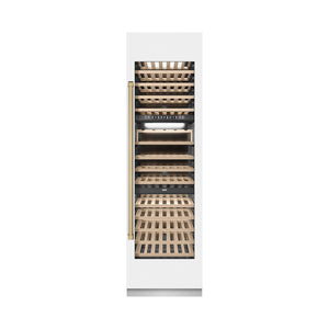ZLINE Autograph Edition 24 in. 12.4 cu. ft. Triple Zone 100 Bottle Column Wine Cooler in White Matte and Champagne Bronze Accents (RCWVZ-WM-24-CB) front, closed.