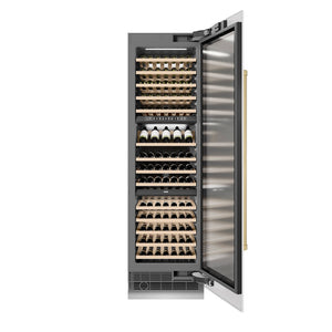 ZLINE Autograph Edition 24 in. 12.4 cu. ft. Triple Zone 100 Bottle Column Wine Cooler in White Matte and Champagne Bronze Accents (RCWVZ-WM-24-CB) front, open.