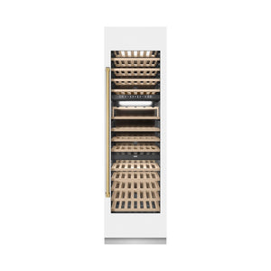 ZLINE Autograph Edition 24 in. 12.4 cu. ft. Triple Zone 100 Bottle Column Wine Cooler in White Matte and Polished Gold Accents (RCWVZ-WM-24-G) front, closed.