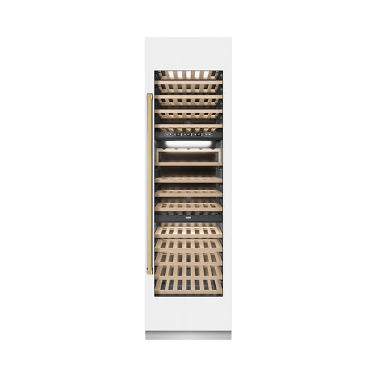 ZLINE Autograph Edition 24 in. 12.4 cu. ft. Triple Zone 100 Bottle Column Wine Cooler in White Matte and Polished Gold Accents (RCWVZ-WM-24-G) front, closed.