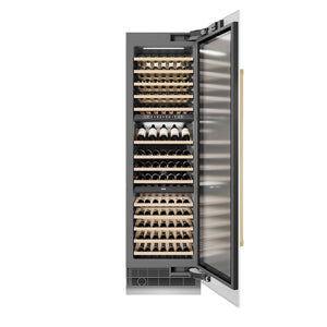 ZLINE Autograph Edition 24 in. 12.4 cu. ft. Triple Zone 100 Bottle Column Wine Cooler in White Matte and Polished Gold Accents (RCWVZ-WM-24-G) front, open.