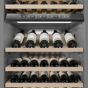 ZLINE Autograph Edition 24 in. 12.4 cu. ft. Triple Zone 100 Bottle Column Wine Cooler in White Matte and Matte Black Accents (RCWVZ-WM-24-MB) internal storage racks and controls.