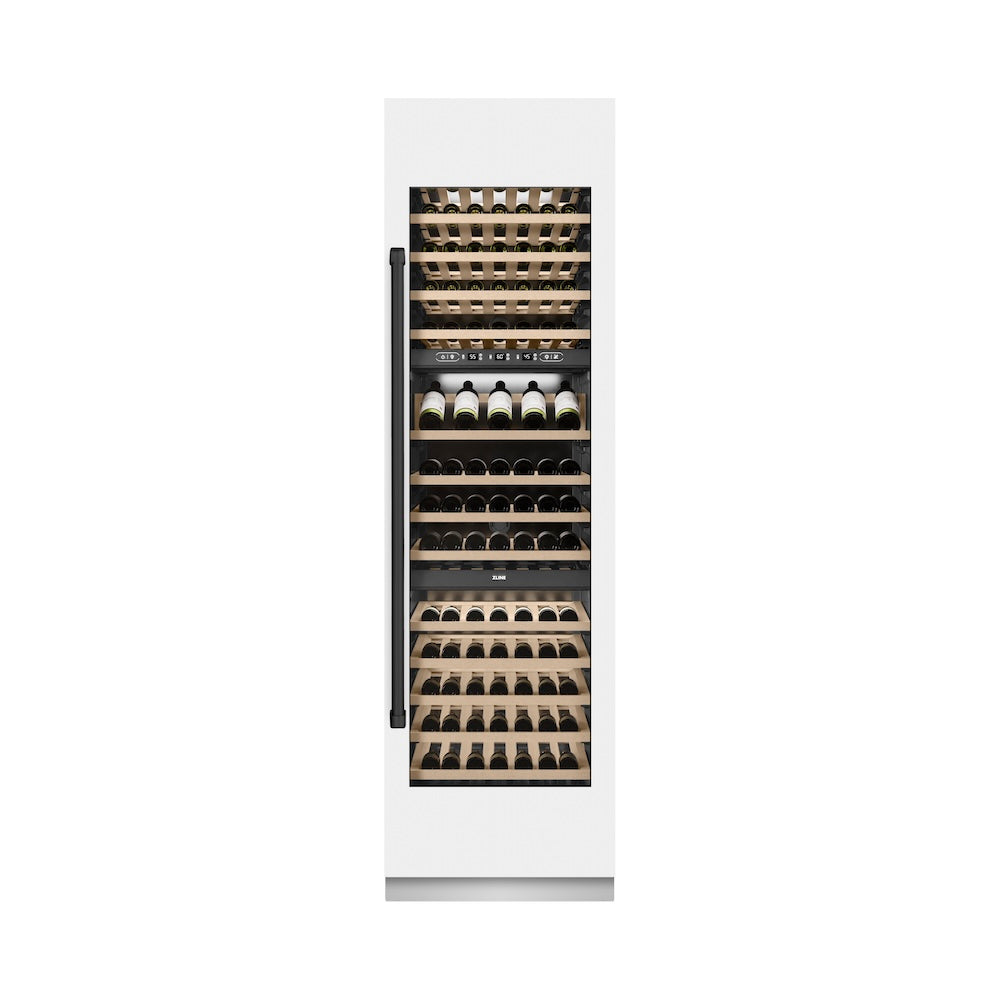 ZLINE Autograph Edition 24 in. 12.4 cu. ft. Triple Zone 100 Bottle Column Wine Cooler in White Matte and Matte Black Accents (RCWVZ-WM-24-MB) front, closed.