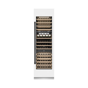 ZLINE Autograph Edition 24 in. 12.4 cu. ft. Triple Zone 100 Bottle Column Wine Cooler in White Matte and Matte Black Accents (RCWVZ-WM-24-MB) front, closed.