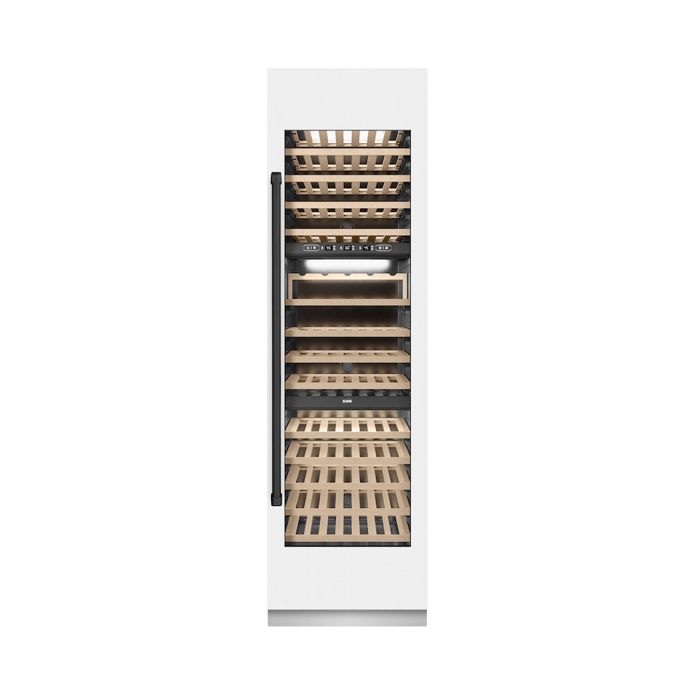 ZLINE Autograph Edition 24 in. 12.4 cu. ft. Triple Zone 100 Bottle Column Wine Cooler in White Matte and Matte Black Accents (RCWVZ-WM-24-MB) front, closed.