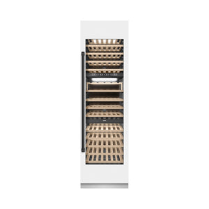 ZLINE Autograph Edition 24 in. 12.4 cu. ft. Triple Zone 100 Bottle Column Wine Cooler in White Matte and Matte Black Accents (RCWVZ-WM-24-MB) front, closed.
