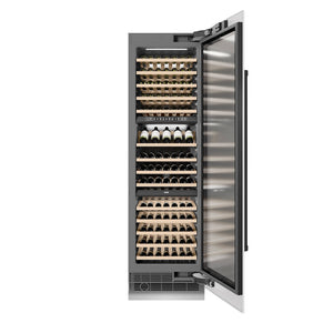 ZLINE Autograph Edition 24 in. 12.4 cu. ft. Triple Zone 100 Bottle Column Wine Cooler in White Matte and Matte Black Accents (RCWVZ-WM-24-MB) front, open.