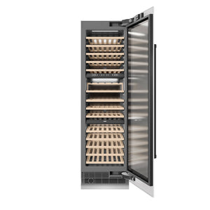 ZLINE Autograph Edition 24 in. 12.4 cu. ft. Triple Zone 100 Bottle Column Wine Cooler in White Matte and Matte Black Accents (RCWVZ-WM-24-MB) front, open.