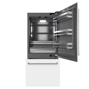ZLINE 36 in. 19.8 cu. ft. Built-In Bottom Freezer Refrigerator with Water Dispenser and Ice Maker in White Matte with Graphite Gray Interior (GRBIT-WM-36) front, open.