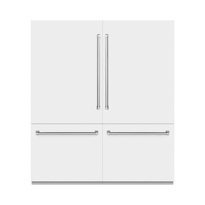 ZLINE 72 in. 39.6 cu. ft. French Door Built-In Bottom Freezer Refrigerator with Water Dispensers and Ice Makers in White Matte with Graphite Gray Interior (GRBIT-WM-72) front, closed.