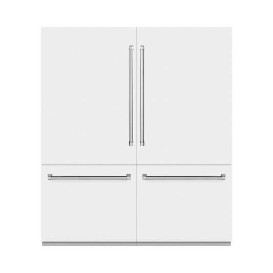 ZLINE 72 in. 39.6 cu. ft. French Door Built-In Bottom Freezer Refrigerator with Water Dispensers and Ice Makers in White Matte with Graphite Gray Interior (GRBIT-WM-72) front, closed.