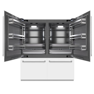 ZLINE 72 in. 39.6 cu. ft. French Door Built-In Bottom Freezer Refrigerator with Water Dispensers and Ice Makers in White Matte with Graphite Gray Interior (GRBIT-WM-72) front, open.