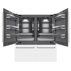 ZLINE 72 in. 39.6 cu. ft. French Door Built-In Bottom Freezer Refrigerator with Water Dispensers and Ice Makers in White Matte with Graphite Gray Interior (GRBIT-WM-72) front, open.