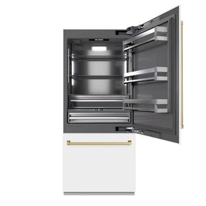 ZLINE Autograph Edition 36 in. 19.8 cu. ft. Built-In Bottom Freezer Refrigerator with Water Dispenser and Ice Maker in White Matte with Graphite Gray Interior and Champagne Bronze Accents (GRBITZ-WM-36-CB) front, open.