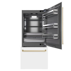 ZLINE Autograph Edition 36 in. 19.8 cu. ft. Built-In Bottom Freezer Refrigerator with Water Dispenser and Ice Maker in White Matte with Graphite Gray Interior and Champagne Bronze Accents (GRBITZ-WM-36-CB) front, open.