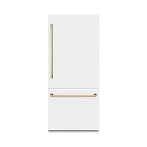 ZLINE Autograph Edition 36 in. 19.8 cu. ft. Built-In Bottom Freezer Refrigerator with Water Dispenser and Ice Maker in White Matte with Graphite Gray Interior and Polished Gold Accents (GRBITZ-WM-36-G) front, closed.